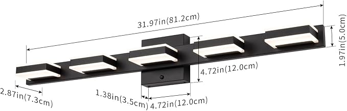 mirrea 32" 5 Light 3CCT LED Black Bathroom Vanity Light Fixture | Over Mirror,Bathroom Lighting,3000K/4000K/5000K ,Dimmable,Rust-resistant,Moisture-resistant,Acrylic shade,Wall Mount