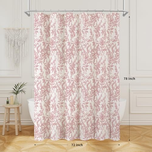 Pink Boho Linen Fabric Shower Curtain , Farmhouse Floral For Bathroom