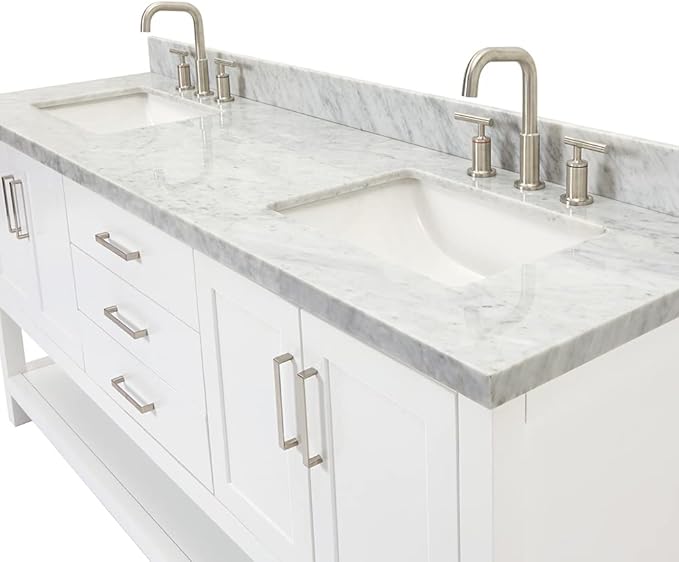 DKB Olivia 72-Inch White Double Bathroom Vanity, 1.5-Inch Edge Italian Carrara Marble Countertop & Splash, Rectangular Sinks, 4 Soft Closing Doors, 3 Dovetail Drawers, Open Shelf, Brushed Nickel