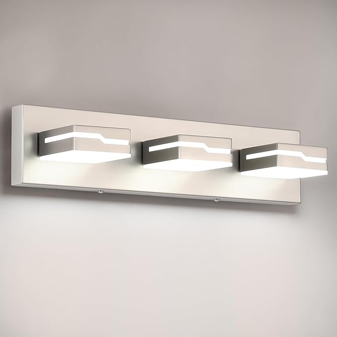 LED Modern Bathroom Vanity Light Fixtures 3-Light, 19 inch Dimmable Nickel Vanity Lights for Bathroom Lighting Fixtures Over Mirror, with 350°Rotatable Acrylic Heads(White Light 5500K)