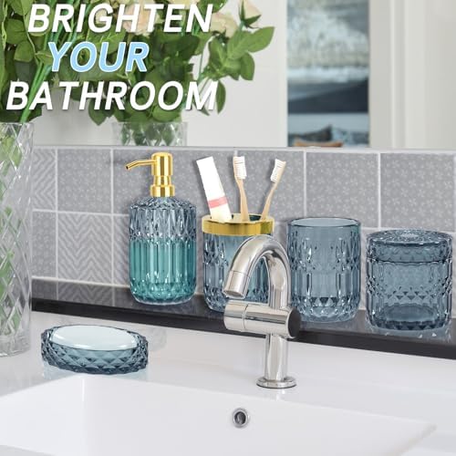 Blue Bathroom Accessories Set - 5PCS Clear Glass Bathroom Accessory Set (Toothbrush Holders, Soap Dispenser, Soap Dish, Tumbler, Cotton Swab Jar), Countertop Vanity Organizer Modern Decor Vintage Gift