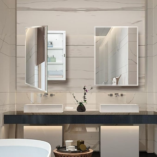 Plastic Bathroom Medicine Mirror Cabinet 16 x 22 inch, Surface and Recessed Mount, Beveled Edge Mirror