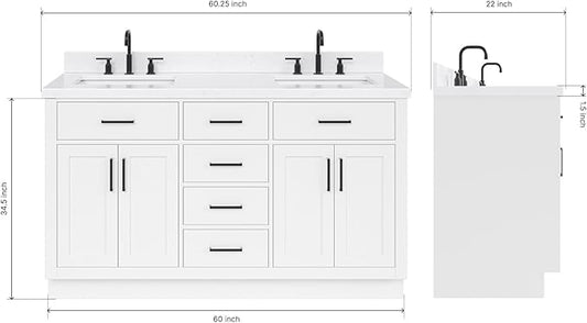 ARIEL Hepburn 60-inch Bathroom Vanity with Sink,Solid Wood, 1.5-inch Carrara White Quartz Countertop & Backsplash, Double Rectangular Porcelain Sink, 4 Soft Closing Doors, 6 Dovetail Drawers, White