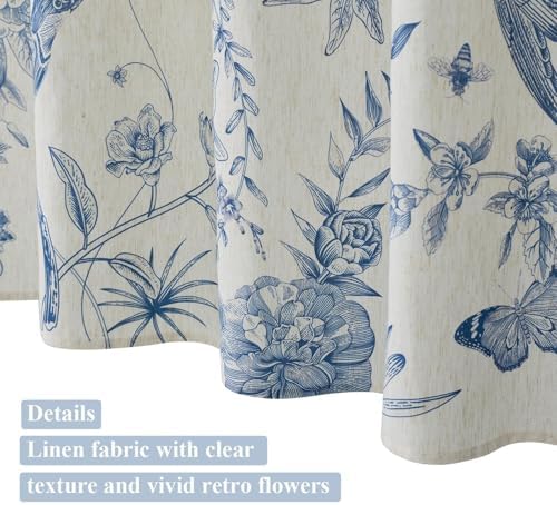 ORTIGIA Linen Shower Curtain Farmhouse Vintage Blue Birds Floral Shower Curtains Spring Summer Boho Rustic Cottagecore Decor for Bathroom 72 W x 72 L