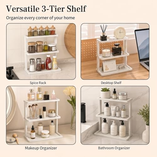 PEKER Bamboo Bathroom Organizer Countertop โ Vanity Storage Shelf for Makeup, Perfume, Skincare โ Natural Cosmetics Display Rack for Dresser, Sink, Kitchen โ White