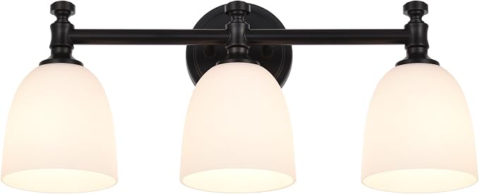 Black Bathroom Vanity Light, 3-Light Bathroom Light Fixtures Over Mirror, Traditional Vanity Lights for Living Room, Milk White Bell Glass Shades, Standard E26 Base, Matte Black