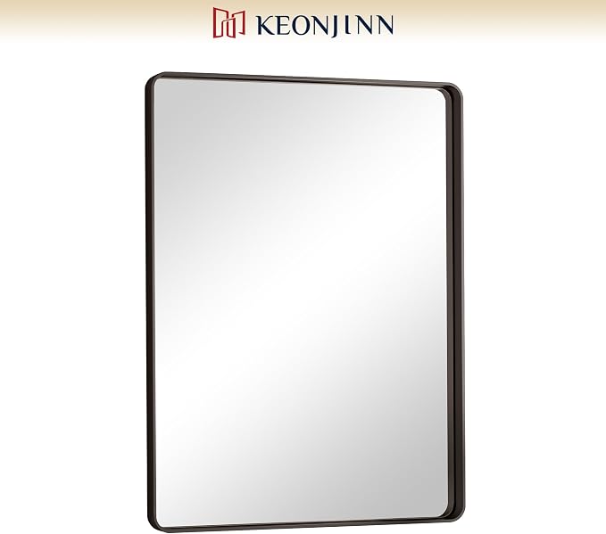 Keonjinn 24 x 32 Inch Black Bathroom Mirrors for Over Sink, Tempered Glass | Sandblasted Finish, Matte Black Vanity Mirror, Anti-Rust, Seamless Aluminum Frame, Rounded Rectangle, French Cleat Mount