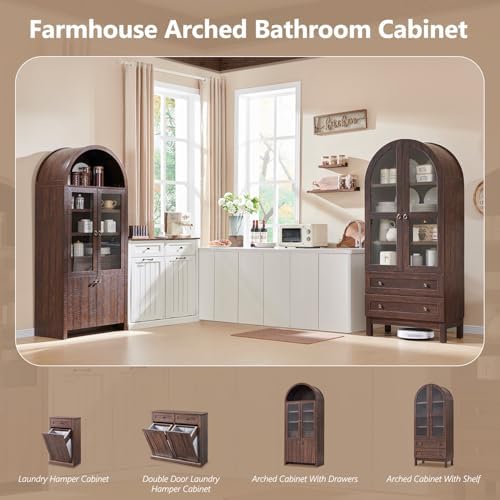 71" Tall Arched Bathroom Storage Cabinet, 4-Tier Wooden Bathroom, Brown