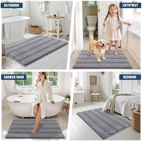 Grandaily Chenille Striped Bathroom Rugs 47x20, Extra Thick and Soft Absorbent Bath Mats, Rubber Backing, Plush Shaggy Shower Carpet, Machine Wash Dry, Bath Rug for Bathroom, Grey