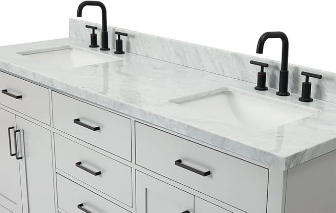 DKB Isabella 72 Inch Bathroom Vanity Double Sink — Grey Bathroom Vanity with Sink, 1.5" Edge Italian Carrara Marble Countertop & Backsplash, 4 Soft-Close Doors, 4 Dovetail Drawers, and 2 Tilt Drawers