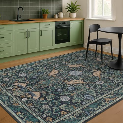 Cottagecore 5x7 Blue Rugs for Bedroom, Washable Forest Area Rug for Dining Room Under Table, Carpet for Living Room, Non Slip & Low Pile Soft Rug (Navy Blue & Deep Teal)