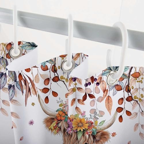 Fall Pumpkin Highland Cow Shower Curtain, Thanksgiving Autumn Farmhouse Animal Harvest Seasonal Decor Bathroom Curtains, Waterproof Fabric Polyester with Hooks, 72x72 Inch