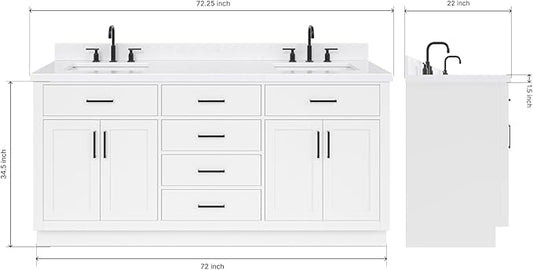 ARIEL Hepburn 72-inch Bathroom Vanity with Sink,Solid Wood, 1.5-inch Carrara White Quartz Countertop & Backsplash, Double Rectangular Porcelain Sink, 4 Soft Closing Doors, 6 Dovetail Drawers, White