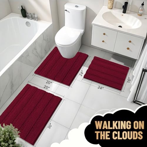 OLANLY Thick Bathroom Rugs 30x20, Soft Chenille Striped Bath Rugs, Burgundy