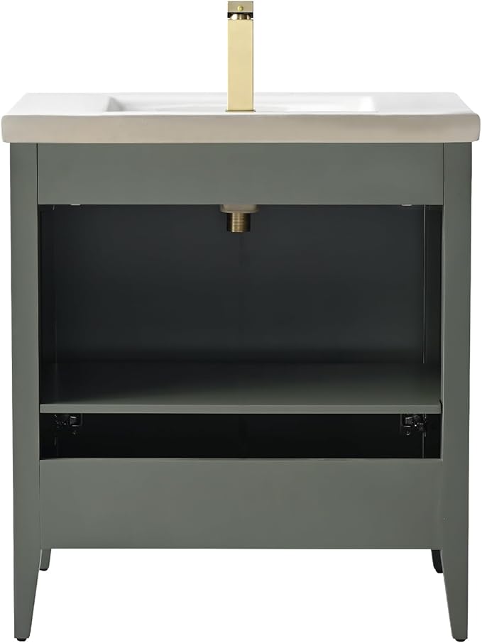 HOMEBEYOND 30" Bathroom Vanity with Ceramic Sink, Solid Wood Free-Standing Vanities Cabinet, Ceramic Top, Golden Brushed Handware & Soft Closing Door, Vintage Green