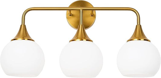 Modern Gold Bathroom Vanity Lights 3-Light Bathroom Light Fixtures Over Mirror with Milk White Glass Shade Modern Wall Sconce Lighting Bath Vanity Lights (Exclude E26 Bulb)