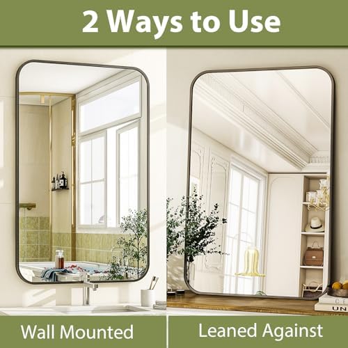 Easly 20 x 28 Inch Bathroom Mirror, Rounded Rectangular Vanity Mirror for Wall, Modern Mirror for Room Decor, Black Framed Wall-Mounted Mirrors for Home Decor, Hangs Horizontally or Vertically