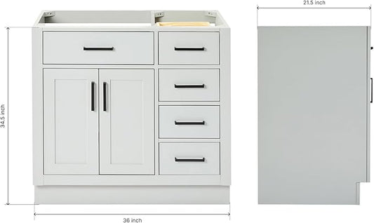 ARIEL Hepburn 36-inch Bathroom Vanity Base Cabinet,Solid Wood, 2 Soft Closing Doors, 5 Dovetail Drawers, Grey