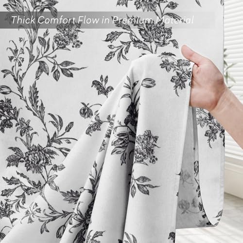 Black and White Floral Shower Curtain,Vintage Cotton Cottagecore Gray Shower Curtains for Bathroom, 72" W x 72" L