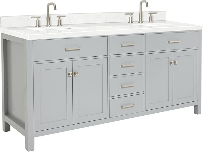 ARIEL Bristol 72-inch Bathroom Vanity with Sink,Solid Wood, 1.5-inch Carrara White Quartz Countertop & Backsplash, Double Rectangular Porcelain Sink, 4 Soft Closing Doors, 4 Dovetail Drawers, Grey