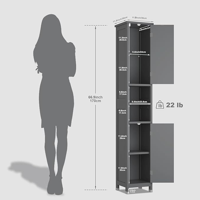 67" Tall Bathroom Storage Cabinet with Lights, Slim Narrow Bathroom Cabinet Organizer with Doors and Adjustable Shelves, Tall Cabinet for Small Space (66.9" Tall-Grey with Light)