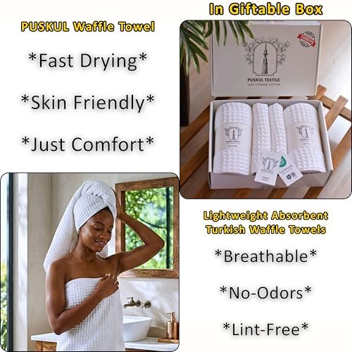PÜSKÜL Natural 100% Turkish Cotton Waffle Towels Set of 4-Piece, White