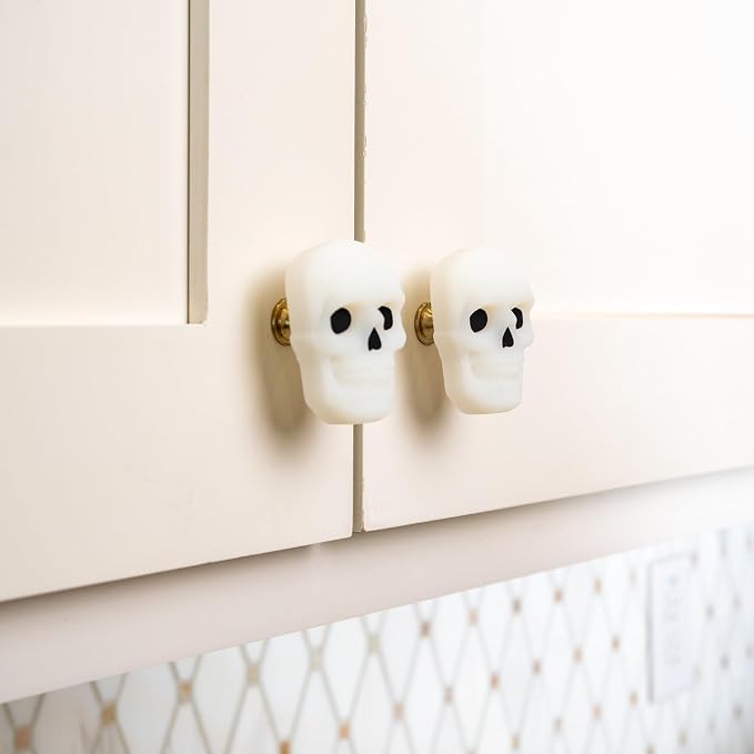 Knobēz 12pk Skull Decorative Cabinet Knob Covers - Spooky Halloween Decor | Stretchy Gothic hardware protectors fit 1 to 1.5 in round or square knobs for instant kitchen and bathroom seasonal style