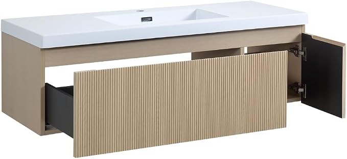 48 Inch Floating Bathroom Vanity with Sink, Wall-Mounted Striped Storage Cabinet with Soft-Close Drawer, Glossy White Solid Surface Basin, Fully Assembled, Natural Oak Finish