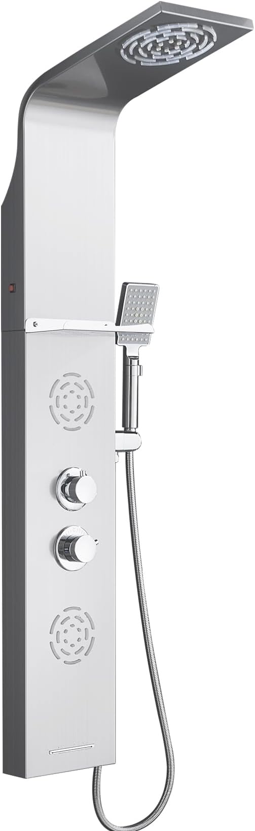 POPFLY Shower Panel Tower System with Shelf, LED Mist & Rain Shower Head, 304 Stainless Steel Shower Tower, 2 Body Jets, Tub Spout, Brushed