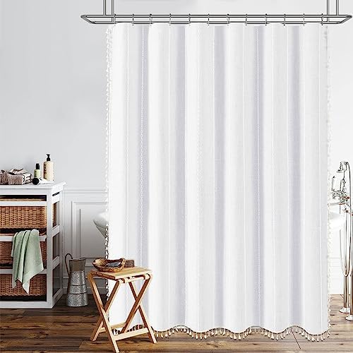 BTTN 54x78 Boho Farmhouse Linen Heavy Duty Cloth Shower Curtain Set, White