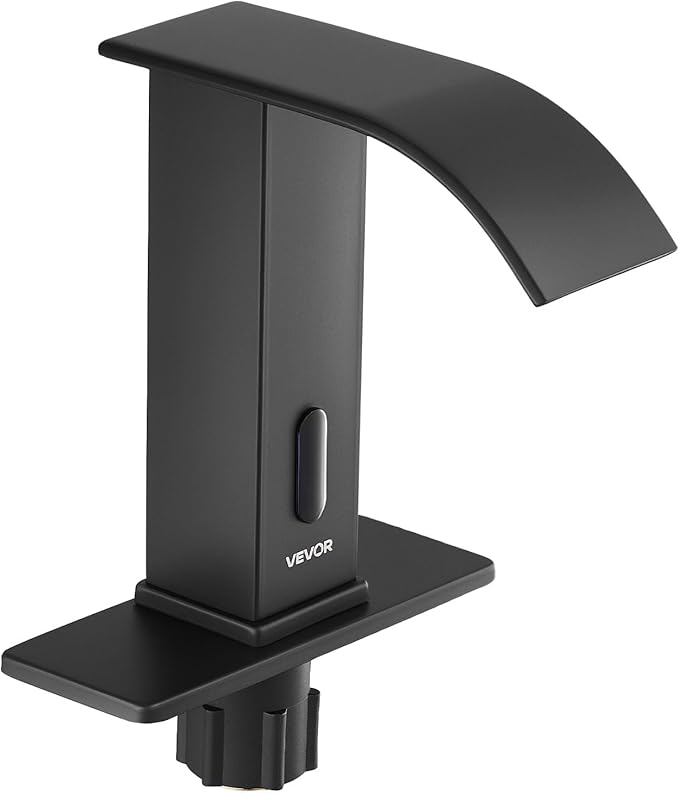 VEVOR Touchless Bathroom Sink Faucet, Automatic Motion Sensor Waterfall Restroom Toilet Faucet with Hole Cover Plate, Battery Operated,Hot/Cold Water for 9/16 in Pipe Commercial Lavatory,Matte Black