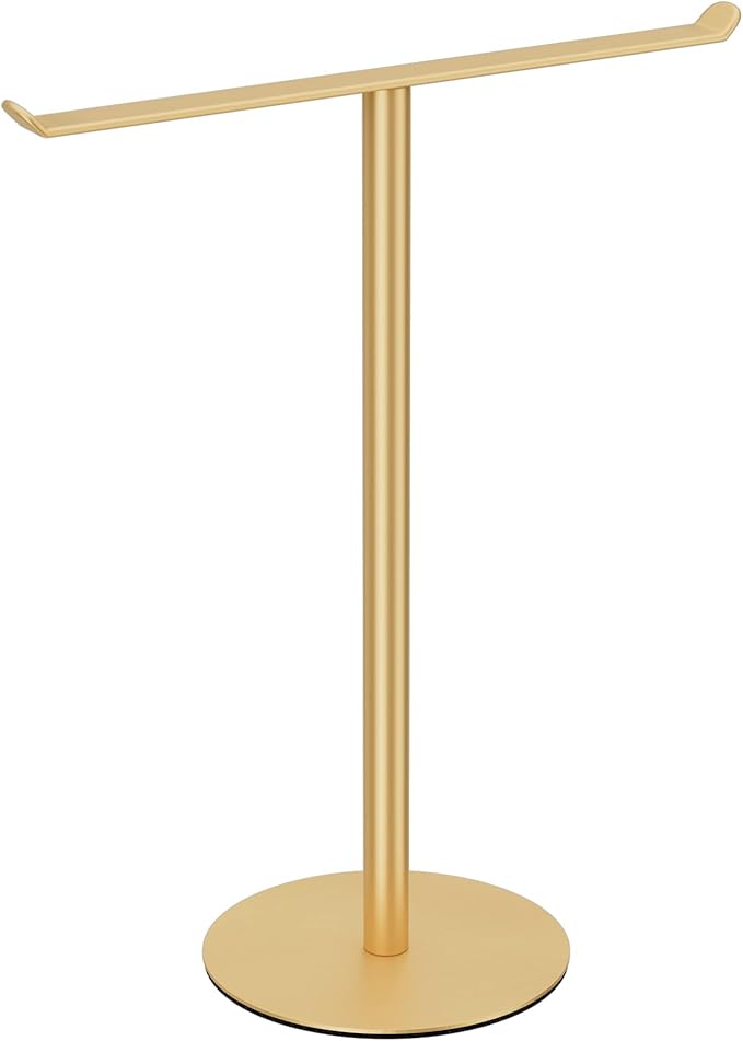 Gold T-Shaped Hand Towel Holder Stand for Countertops, Stainless Steel | Displays fingertip and hand towels while keeping bathroom vanities and kitchen counters organized.