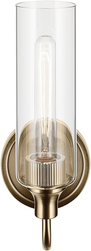 Kichler Kavi 5" 1-Light Wall Sconce with Clear Glass in Champagne Bronze, Damp Rated, for Bathroom, Powder Room, Kitchen, Hallway, Bedroom, Fireplace, (5" W x 13" H), 55209CPZ