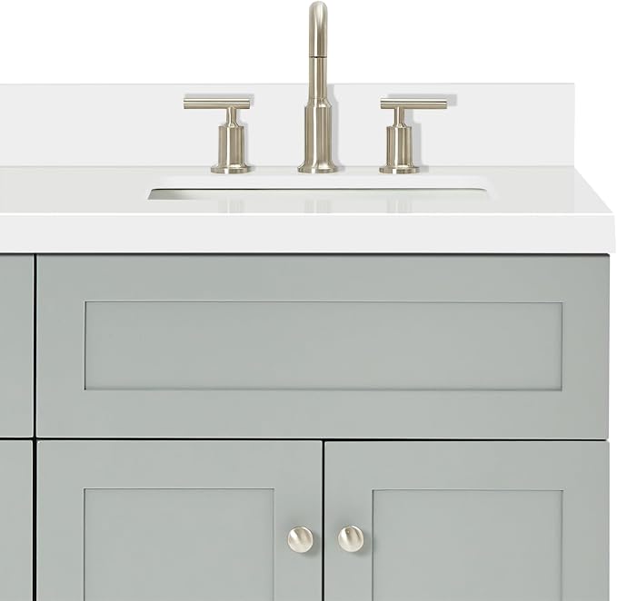 Bradford 66-Inch Grey Double Bathroom Vanity, 1.5-Inch Pure White Quartz Countertop & Backsplash, Rectangular Sinks, 2 Soft Closing Doors, 3 Dovetail Drawers, Toe Kick, Brushed Nickel