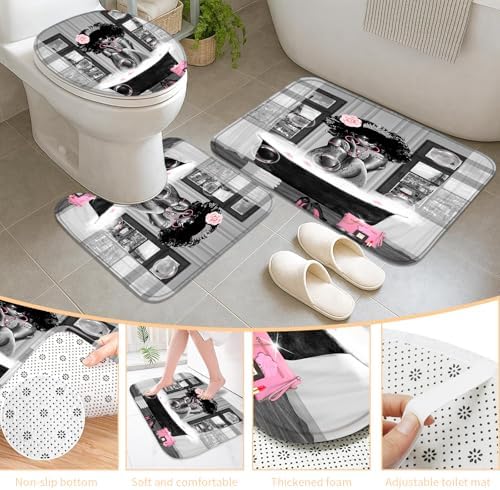 5Pcs Black Girl Shower Curtain Set with Decorative Painting, African American Wall Painting Bathroom Sets with Shower Curtain and Rugs, Trendy Women’s Bathroom Pictures for Wall Art Decor