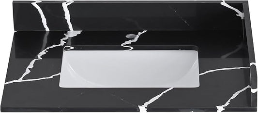 30 in. W x 22 in D Quartz Vanity Top in Black Marquina,with One Sidesplash & One Backsplash, Vanity Sink Top with Assembled Single Drop-in Sink, Pre-Drilled Single Faucet Hole Countertop