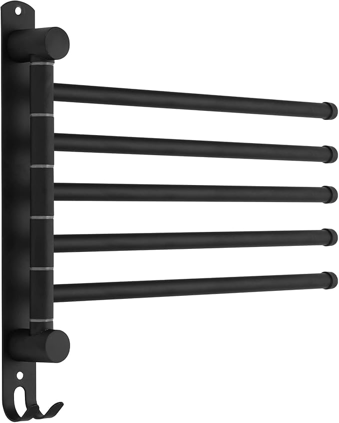 5-Arm Swivel Towel Rack - 180° Rotating Wall Mounted - 304 Stainless Steel Rustproof - Heavy Duty Space Saving for Bathroom Kitchen Laundry Room (Matte Black)
