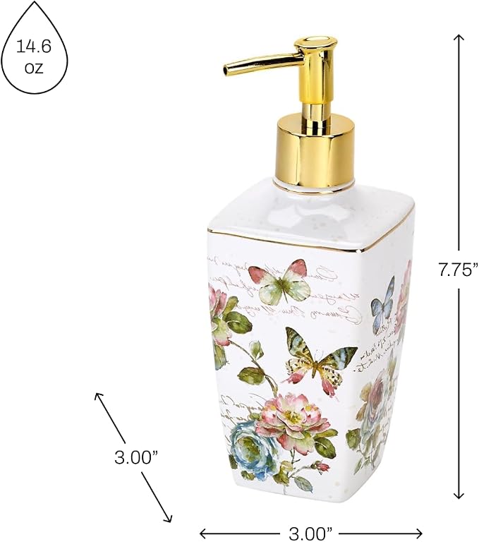 Avanti Linens - Lotion Pump/Soap Dispenser, Ceramic Countertop Accessories, Artistic Home Decor (Butterfly Garden Collection)