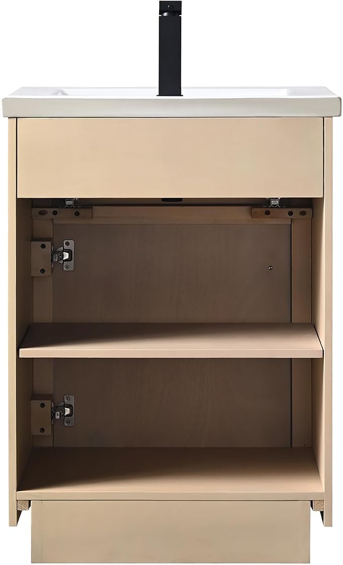 24 Inch Bathroom Vanity with Single Sink & Ceramic Top, MDF Material Vanity Cabinet with Basin Combo, Soft-Closing Doors, Removable Shelf, Backsplash