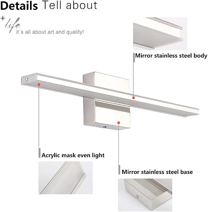 LED Vanity Light Bar 20 Inch Bathroom Light Fixtures 12W Over Mirror Lighting Chrome Vanity Lights Fixtures Modern Bathrooms Lamps Acrylic Bath Wall Light Fixtures