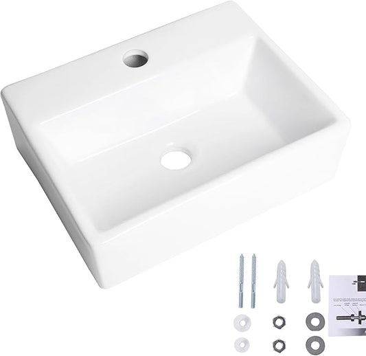 Wall Mounted Bathroom Vessel Sink, QISHKA 15" X 12" Rectangular Floating Ceramic Wash Hand Basin White Wall Hung Vanity Sink for Bathroom and Cloakroom