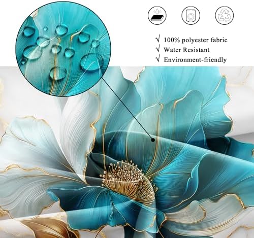 Riyidecor Teal Gold Marble Floral Shower Curtain for Bathroom Decor 60Wx72H Modern Turquoise Ombre Flower Abstract Luxury Minimalist Art Printed Fabric Polyester Waterproof 12 Pack Plastic Hooks