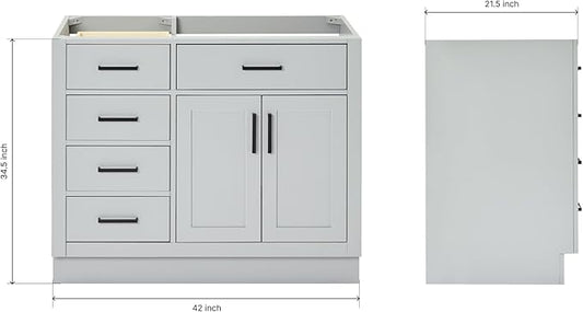 ARIEL Hepburn 42-inch Bathroom Vanity Base Cabinet,Solid Wood, 2 Soft Closing Doors, 5 Dovetail Drawers, Grey
