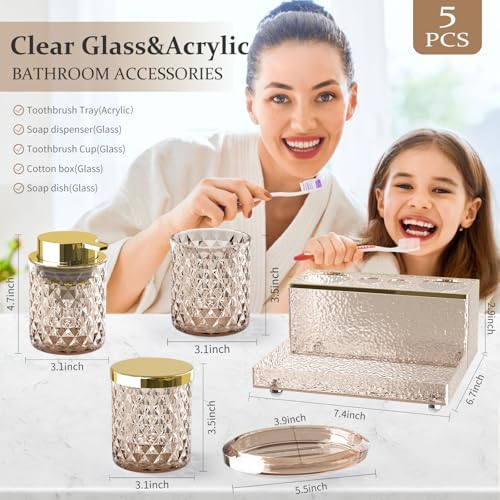 Glass Bathroom Accessories Set 5Pcs Crystal Brown - Foaming Soap Dispenser, Soap Dish, Cup, Acrylic Toothbrush Holder with Tray Organizer, Cotton Swab Jar, Bathroom Counter Set Sink Decor
