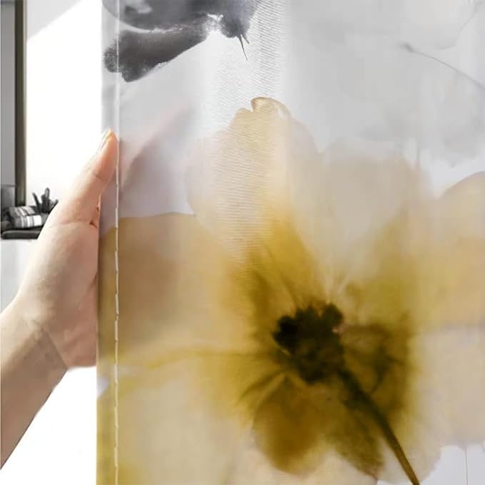 Boho Floral Shower Curtain, Cream Tan Beige Yellow Grey White Flower Farmhouse Fabric Shower Curtains Set for Bathroom Decorative with Hooks 72 X 72 inch Spring Bath Decor