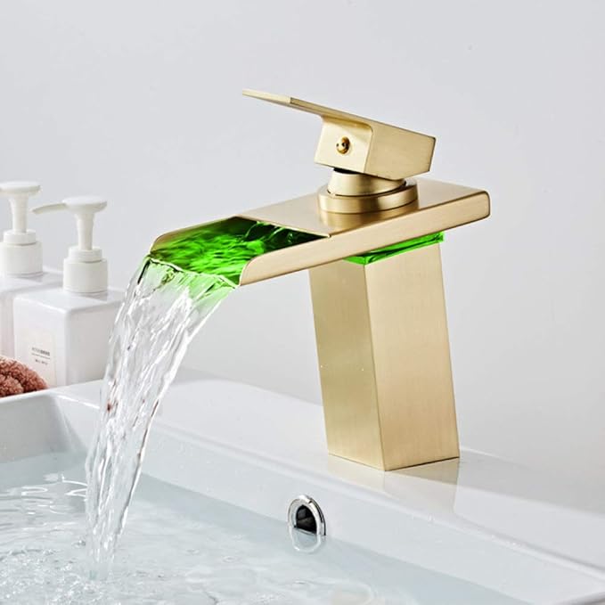 Faucet LED Waterfall Brass Faucet Bathroom Deck Mounted Basin Sink Mixer Tap (Brushed Gold) Faucet