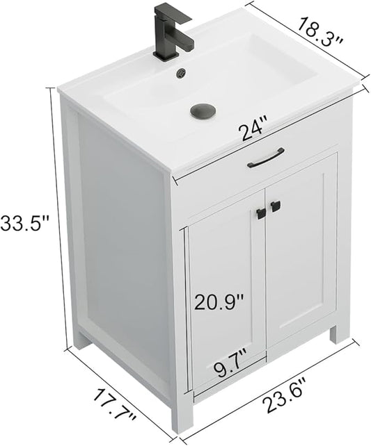 LUCKWIND 24" Bathroom Vanity with Sink Combo, Painted Modern Bathroom Storage Cabinet with Ceramic Sink, Two Doors, Include Faucet Without Mirror, White