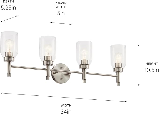 Kichler Madden 4-Light Bathroom Vanity Light, Brushed Nickel | Modern vanity light with clear glass for single or double bathroom mirrors (34" x 10.5"), 55186NI