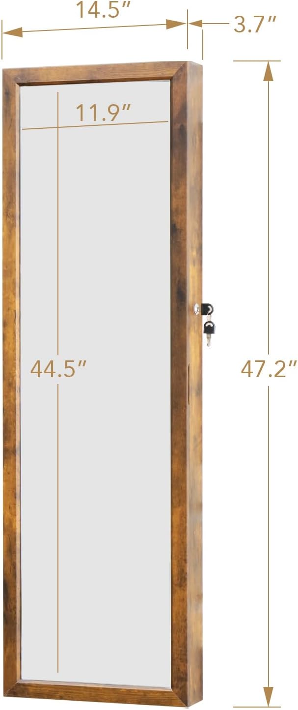 Jewelry LED Cabinet with Mirror 47.3"Mirror Jewelry Armoire over the Door | Door Hanging/Wall Mounted Mirror with Storage And Drawers Rustic Brown