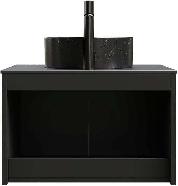 24 Inch Bathroom Vanity with Sink, Floating Fluted Vanity with Vessel Sink, Small Wall Mounted Bathroom Vanity Cabinet with 2 Doors, Black Round Ceramic Sink & Sintered Stone Top, Black